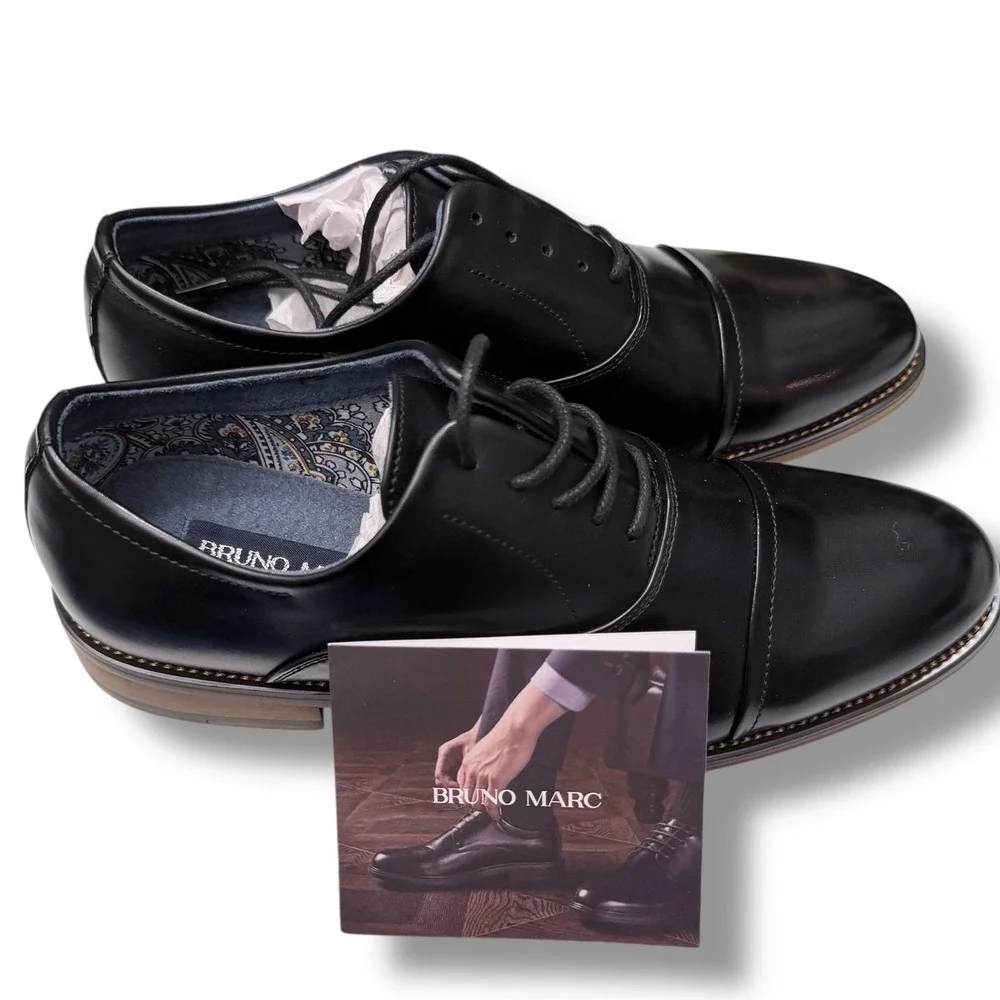 Bruno Marc Men Black PU Leather Cap Toe Oxford Dress Shoes Size US 6.5